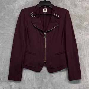 Anne Klein Jacket Ponte Moto Style Burgundy Blazer Size XS